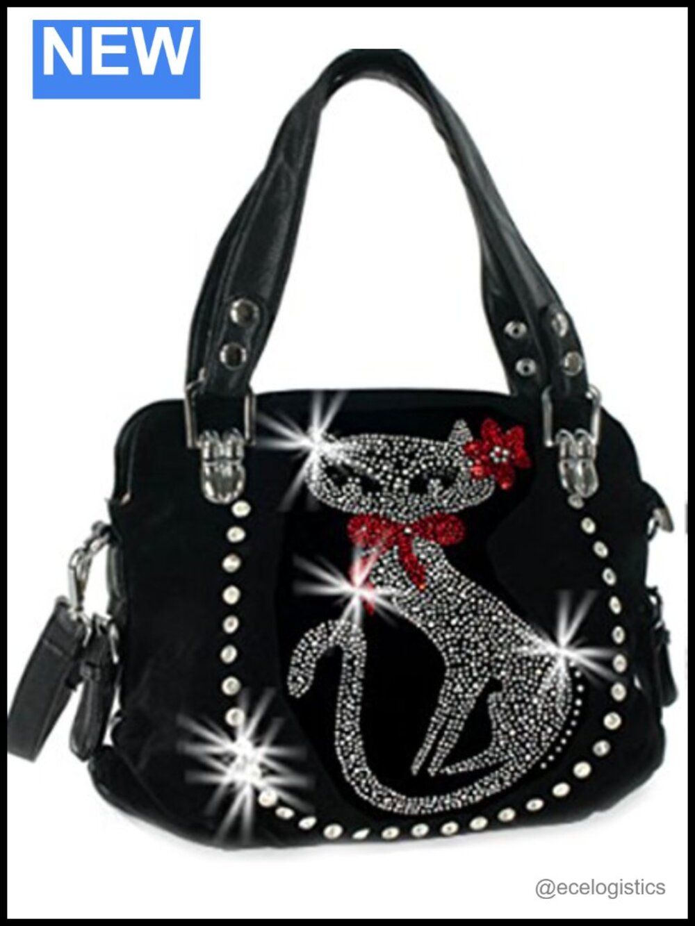Synthetic Leather Cat Purse with Rhinestone Handles, Detachable Strap
